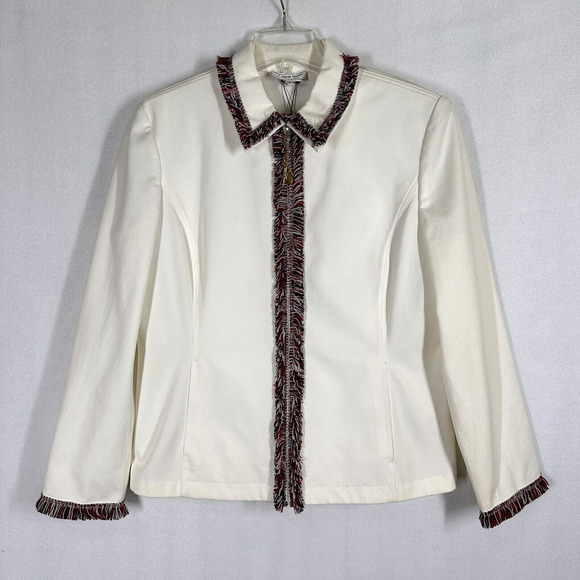 St John Sport By Marie Gray Fringe Jacket L Ivory Lock Key Charm Classic NEW - Picture 1 of 14